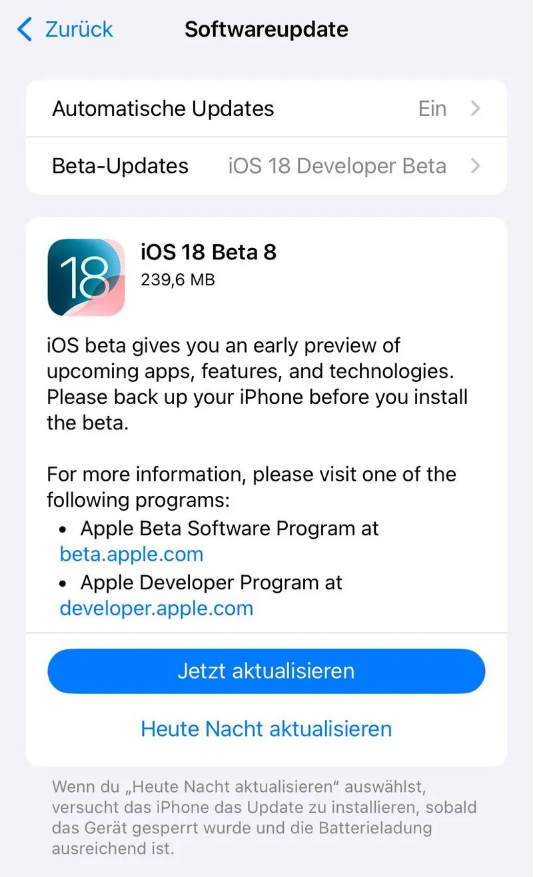 石嘴山苹果手机维修分享苹果 iOS / iPadOS 18 开发者预览版 Beta 8 发布 